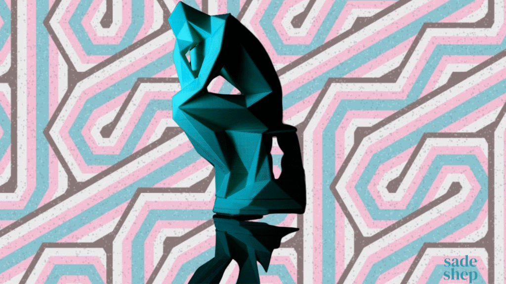 A teal geometric abstract sculpture stands against a labyrinth-like pink, blue, and gray patterned background with "sade shep" text in the lower right corner.