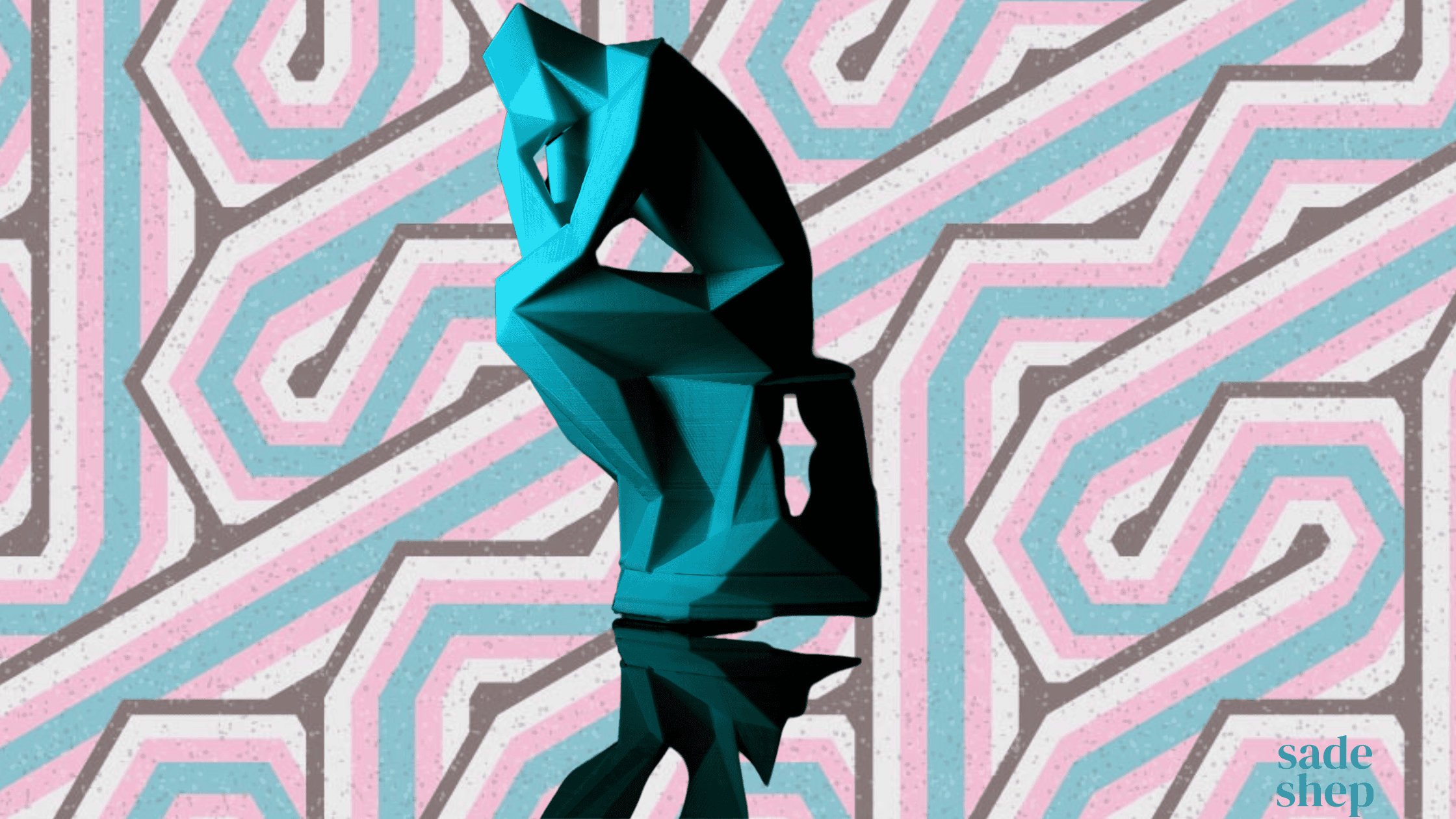 Blog Banner - Curiosity - The Thinker A teal geometric abstract sculpture stands against a labyrinth-like pink, blue, and gray patterned background with "sade shep" text in the lower right corner.